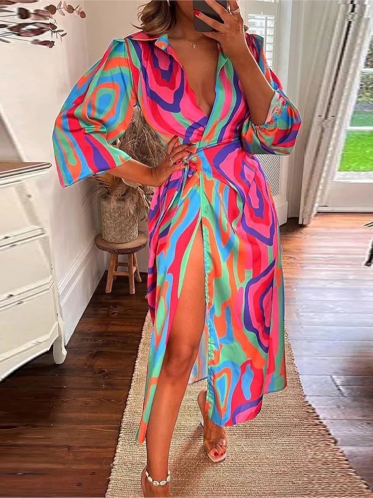 

Women's Spring Summer New Fashionable Printed Lantern Sleeves Lace Openings Flip Collar Contrasting Color Medium Length Dress