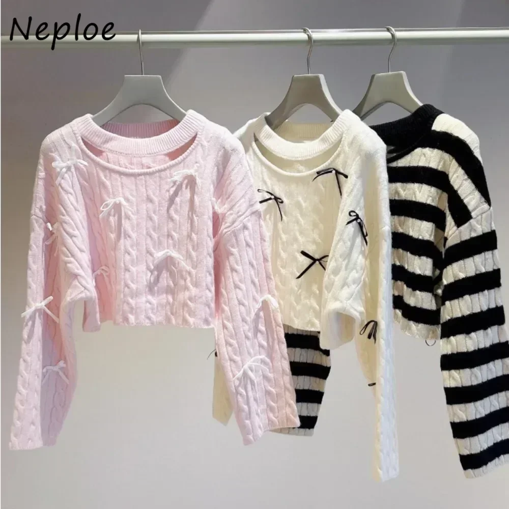 Neploe New Sweet Pullover O Neck Long Sleeve Jumper Hollow Out Bow Wool All-match Knitted Japan Stripe Knit Exquisite Sweaters