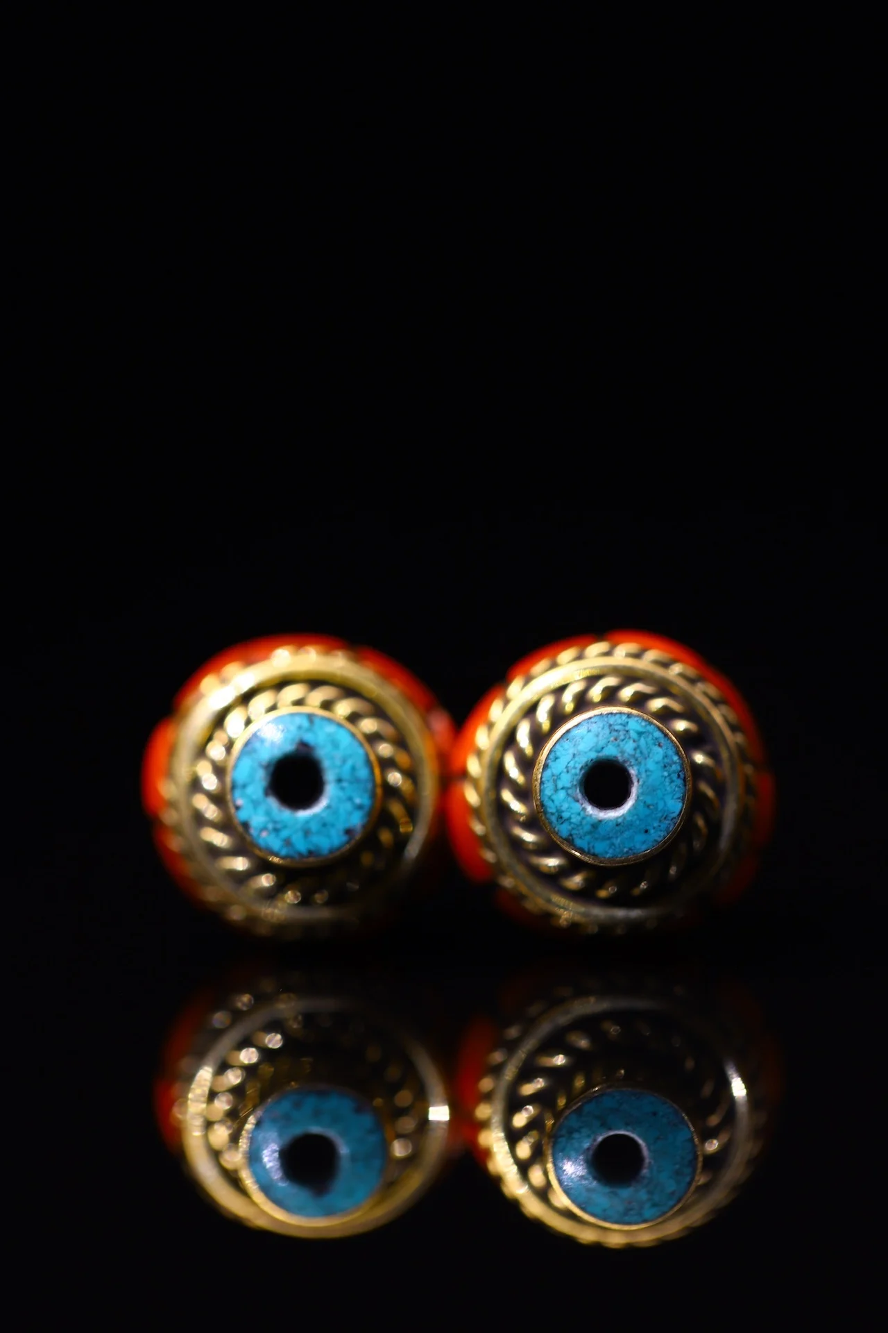 

1"Tibetan Temple Collection Old Bronze Painted Cinnabar Mosaic Gem gZi Beads Buddha Beads Pair Amulet Dharma Pendant Town house