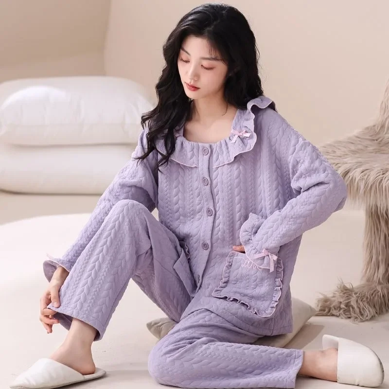 Roupa de pijama espessa feminina, algodão do ar, intercalar, calça de manga comprida, estilo doce, outono, inverno, nova, 2022