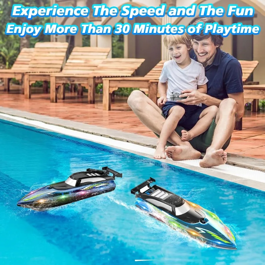 RC Boat with LED Lights, 2.4Ghz Full Size RC Boat, RC Boat for Pools and Lakes, 30 Minutes Run Time, Pool Toys