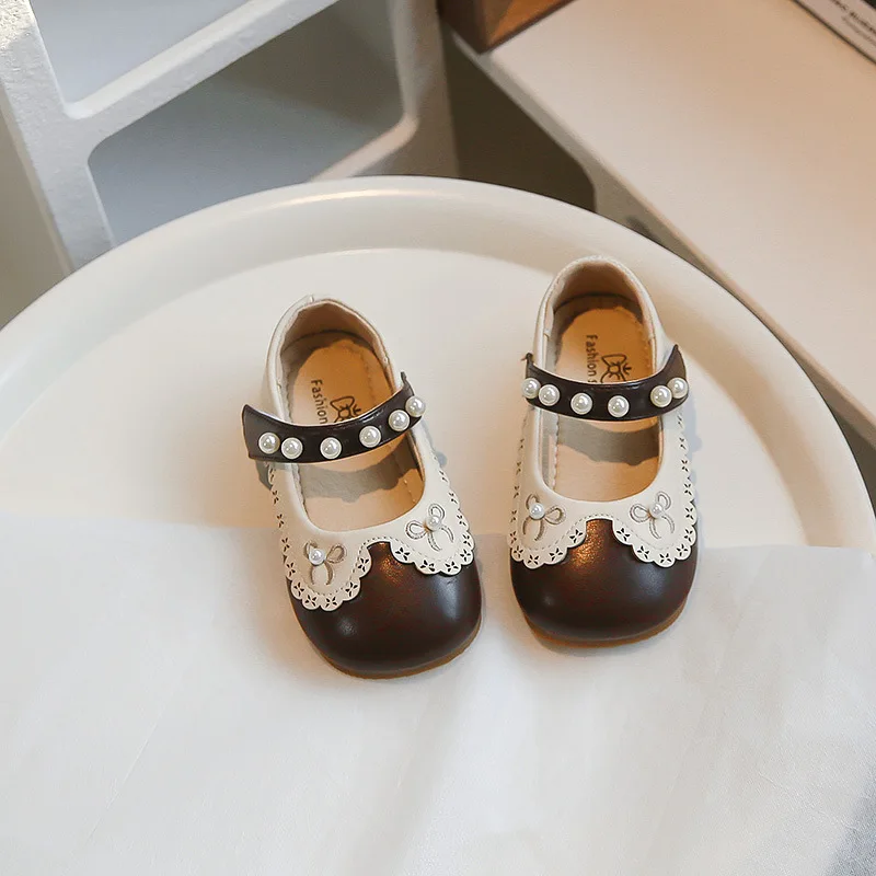 Children's Leather Shoes 2024 Fasion Korean Style Girls'  Elegant Temperament Simple Pearl Bow Princess Shoes Versatile No-Slip