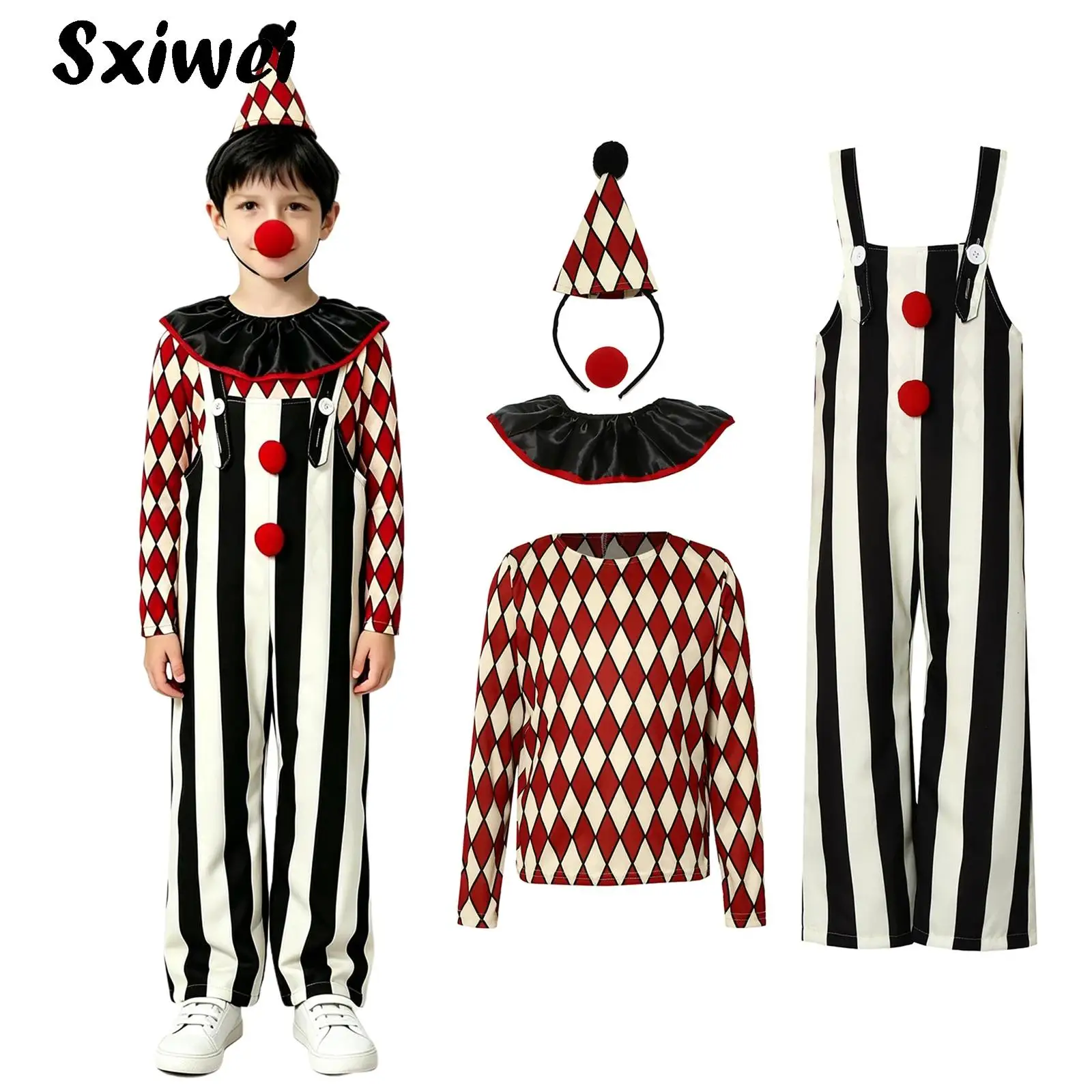 Children Carnival Clown Circus Costumes Boys Halloween Suit Diamond Pattern Long Sleeve Tops Striped Suspender Trousers with Hat