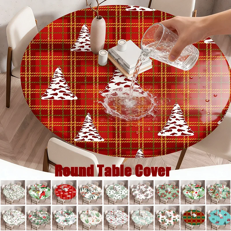 

1Pc Green Plant Print Elastic Tablecloth Waterproof Anti-Stain Round Table Protector for Kitchen Party Wedding Picnic TableCover