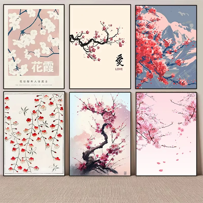 Japanische Kirschblüten-Vintage-Poster, Druck, botanisches Muster, Blumen-Leinwandgemälde, ästhetische Wandkunst, Mädchen-Traumdekoration