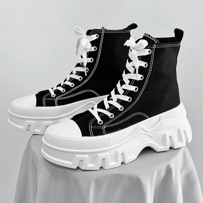 

Women's Black High-top Canvas Sports Shoes Laced Thick-soled Boots Fashionable Casual Shoes Breathable Anti-slip Street Shoes