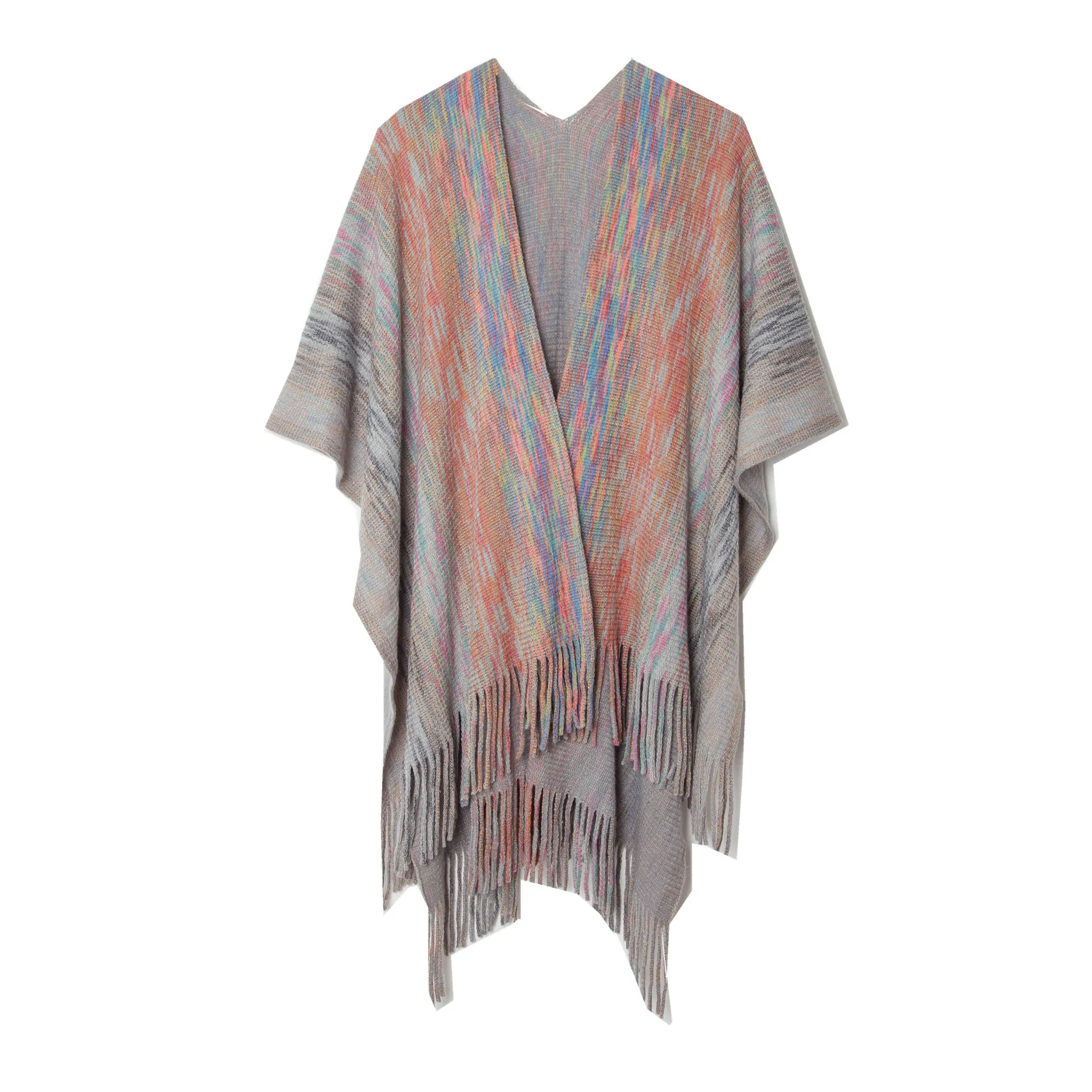 Primavera outono fade cor borla dividir xale tricô moda casual mulher poncho senhora capas caqui capas