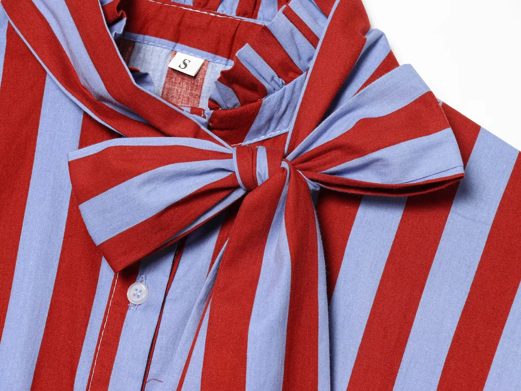 HH Damen Sommer Gestreifte Bluse mit Schleife, Rüschenkragen, Ärmellos, Knopfleiste, Peplum-Top im Preppy-Stil, Lässig für Abschlussfeier und Urlaub – Detail 10