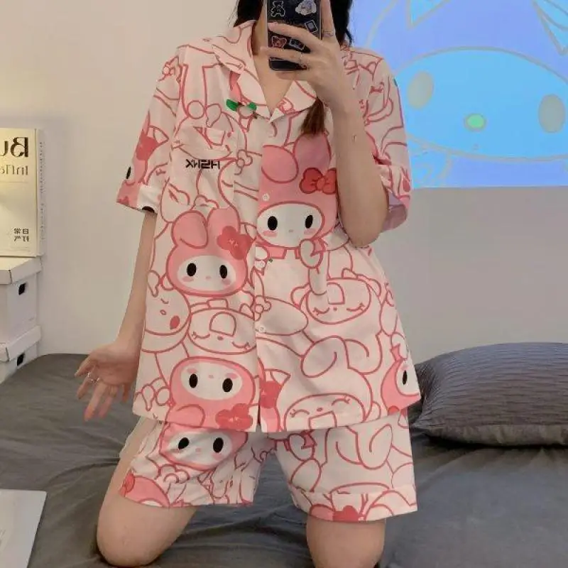 Sanrio Cinnamoroll Pajamas Anime My Melody Kuromi Summer Leisure Thin Short Sleeve Ms. Loungewear 2 Piece Set Pajamas Set