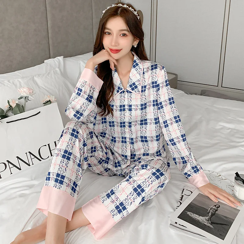 Women's Checkered Sleepwear Fashion Lapel Long Sleeved Pants Two-Piece Home Clothes 2023 Autumn New Pajama Set Loungewear