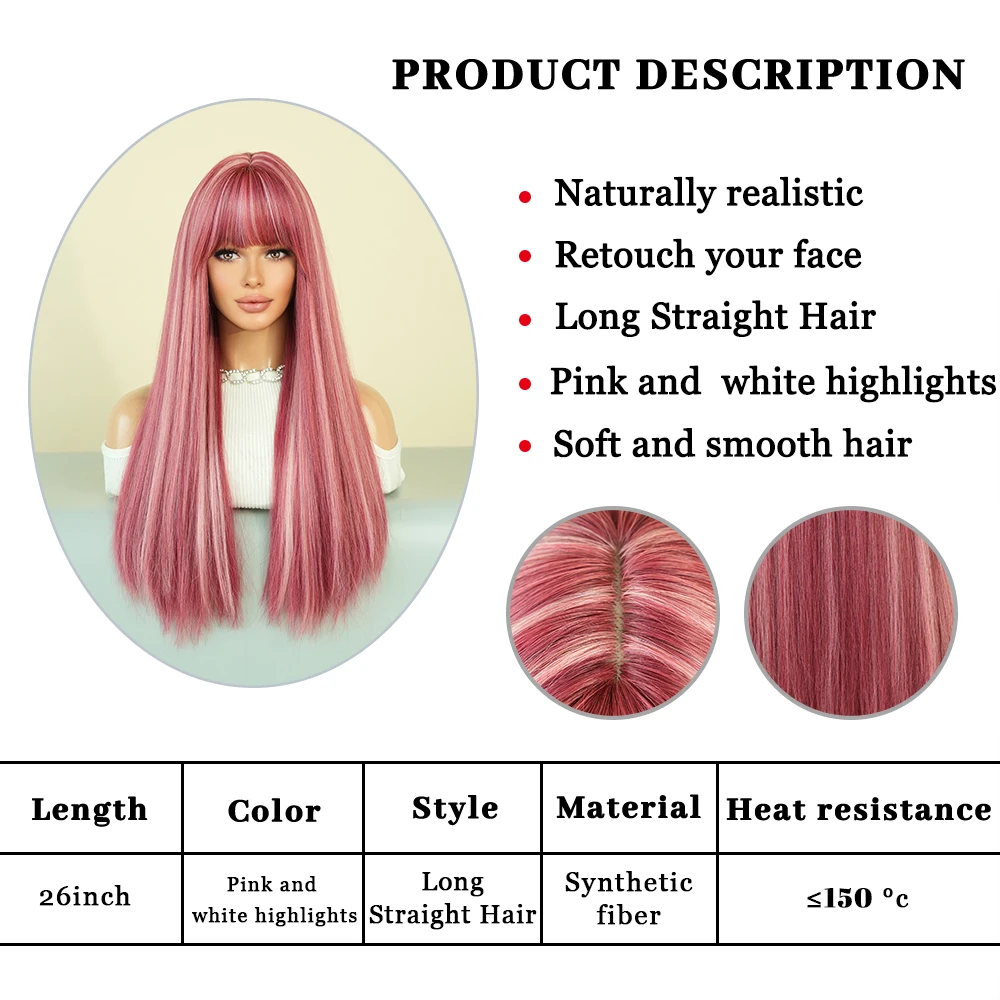 PARK YUN Long Straight Pink Wigs with bangs for Women Highlights white Popular Sweet Synthetic Wig for Daily Cosplay Lolita