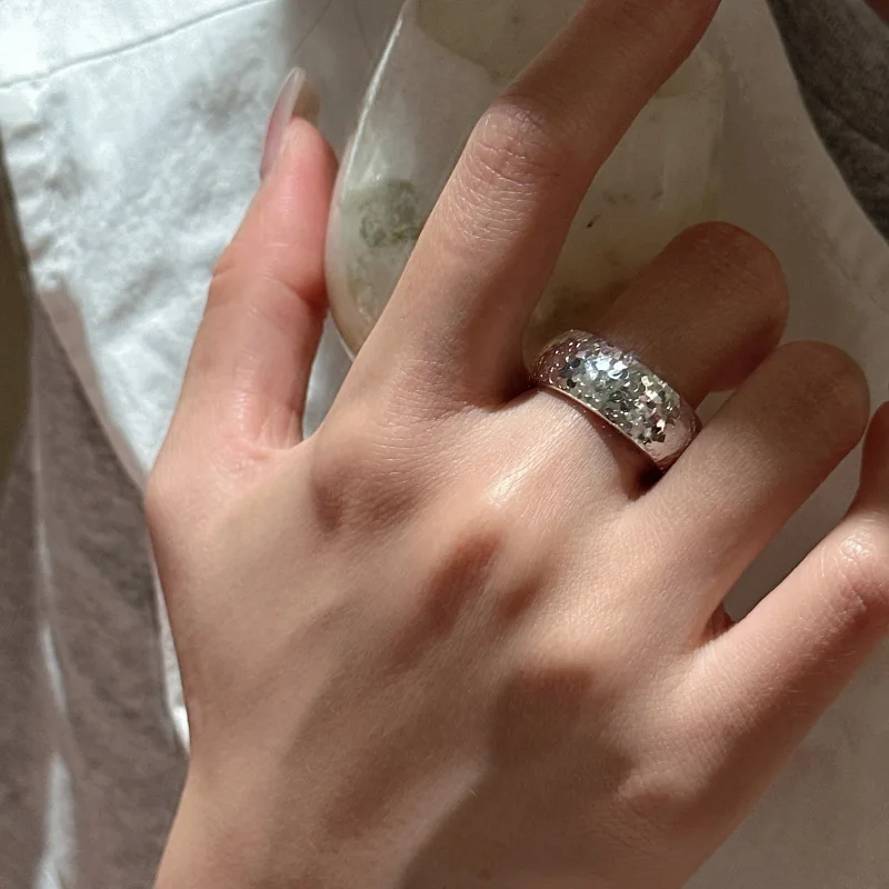 S925 Sterling Silver Korean Version Niche Design Sense Retro Crushed Ice Ice Simple Ring Korean Flash Fashionable Ring Wholesale