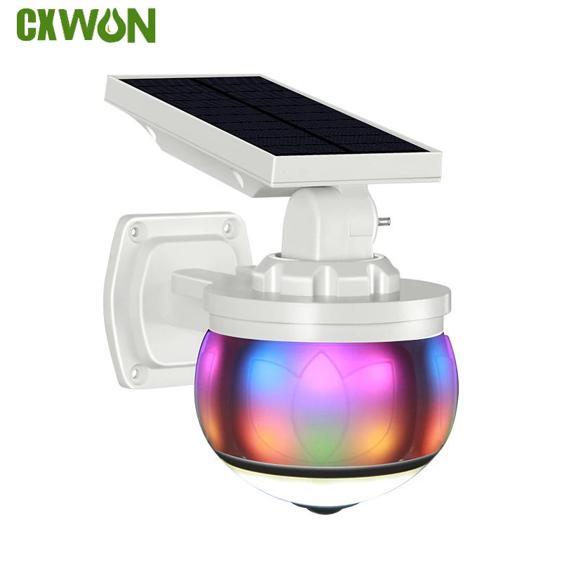 Solar Lights Motion Sensor Outdoor RGB Virtual Security Camera Spotlight 8W Solar Light IP66 Waterproof Color Flash