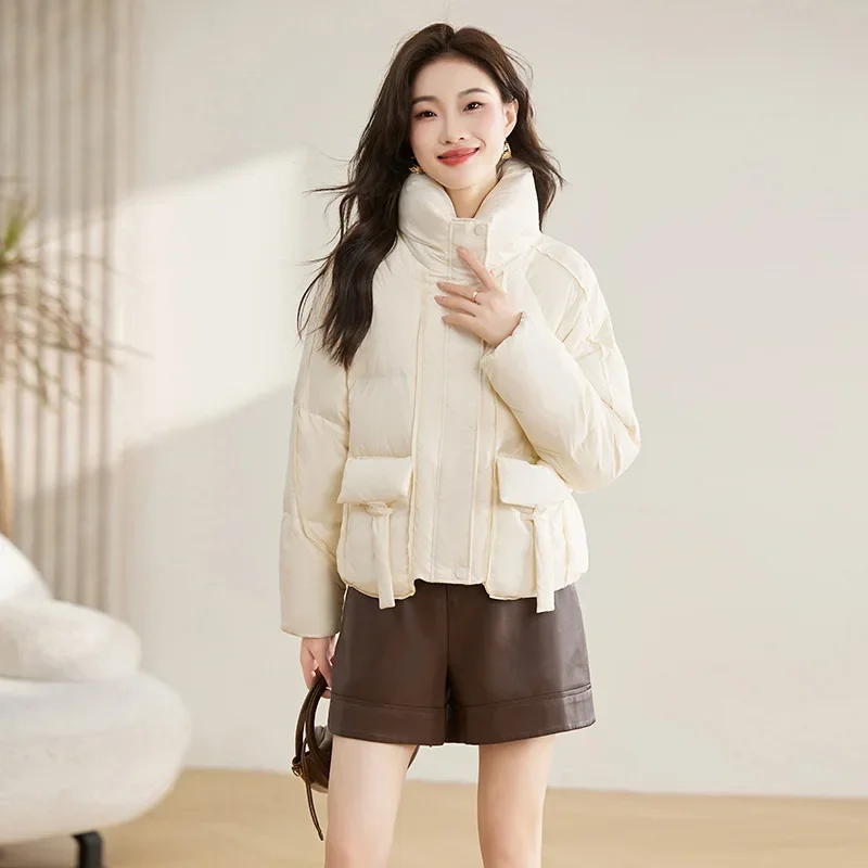 Female Short White Duck Down Jacket, Stand Collar, Thick, Warm, Monochromatic Coat, New Fashion, Winter