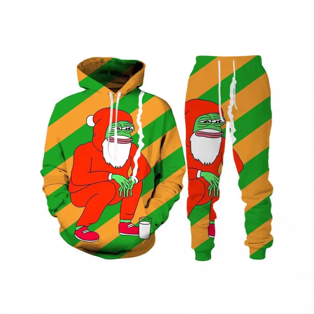 طقم سويت شيرت وسروال بقلنسوة بطابع عيد الميلاد للرجال طقم طباعة رقمية كاجوال فضفاض بأكمام طويلة مبطن حراري مكون من قطعتين #2