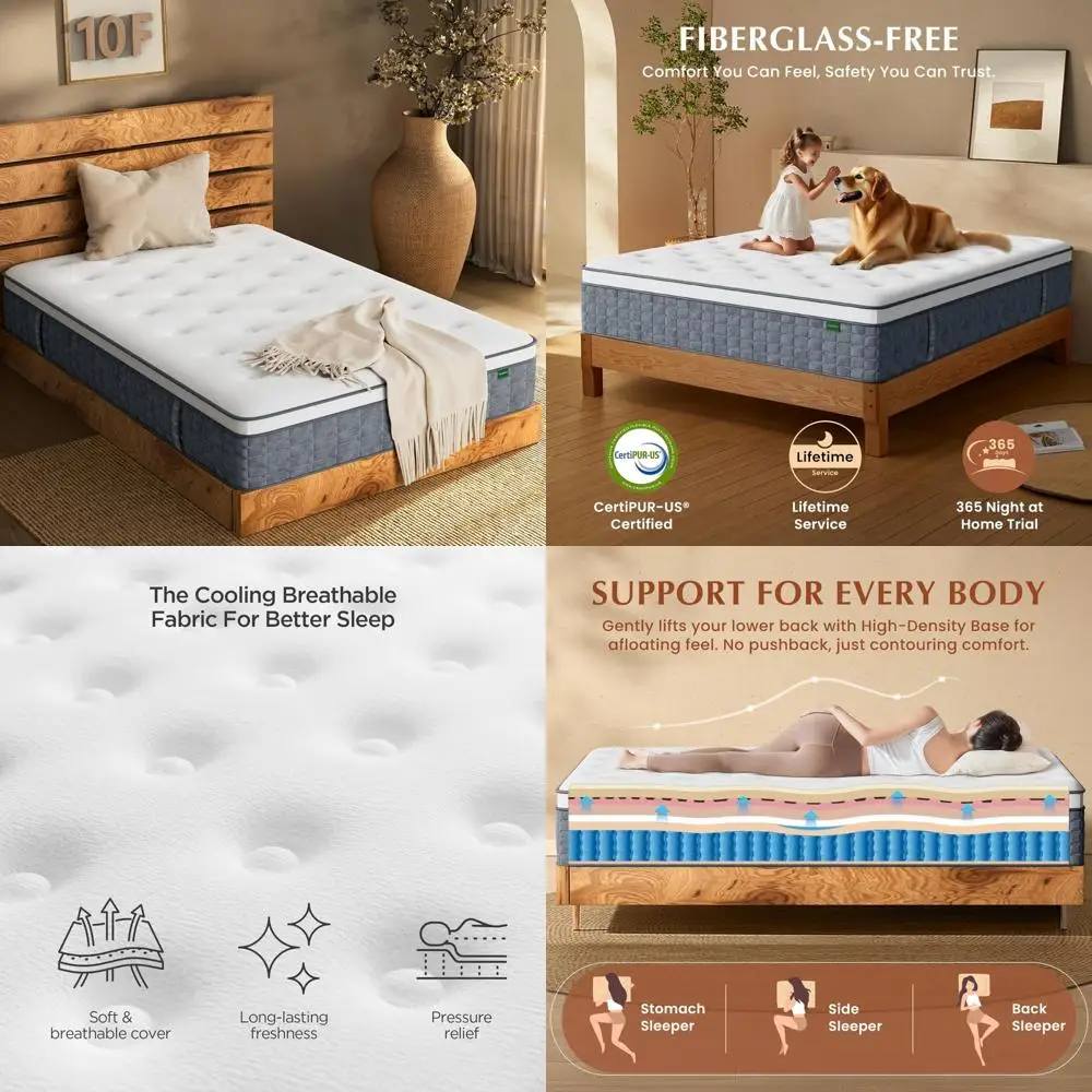 مرتبة هجينة من إسفنج الذاكرة مقاس كامل 10 بوصة، زنبرك جيب لعزل الحركة، مرتبة في صندوق للنوم المريح