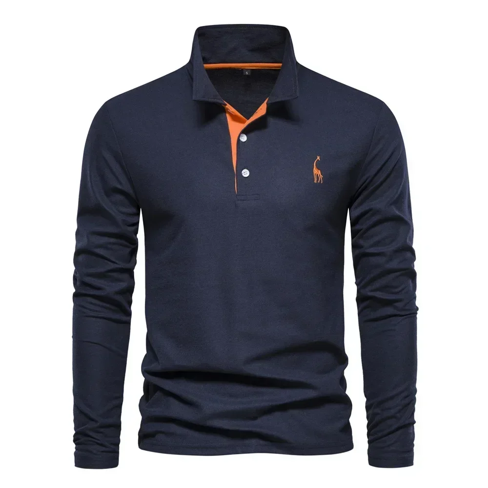 Deer Embroidery Men's Polo Shirts Solid Long Sleeve Casual Business Polo Shirts for Men New Spring Fall Cotton Tops Male Polos