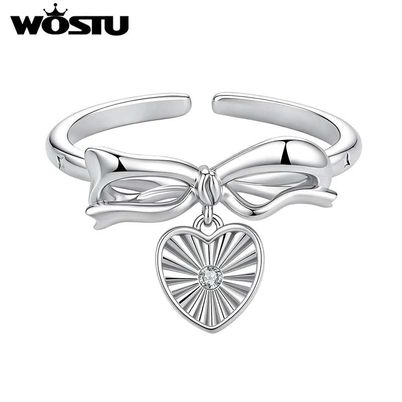 WOSTU Platinum Plated Bow Ring for Women, Adjustable Open Heart Charm Rings with Cubic Zirconia Sweet Fashion Jewelry