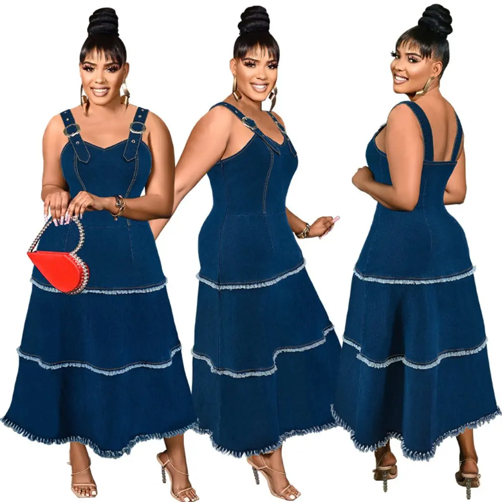 

plus Size Women's Sleeveless Tassel Dress Long Elastic Suspender Style Direct Factory Sale Women's Fashion Dress