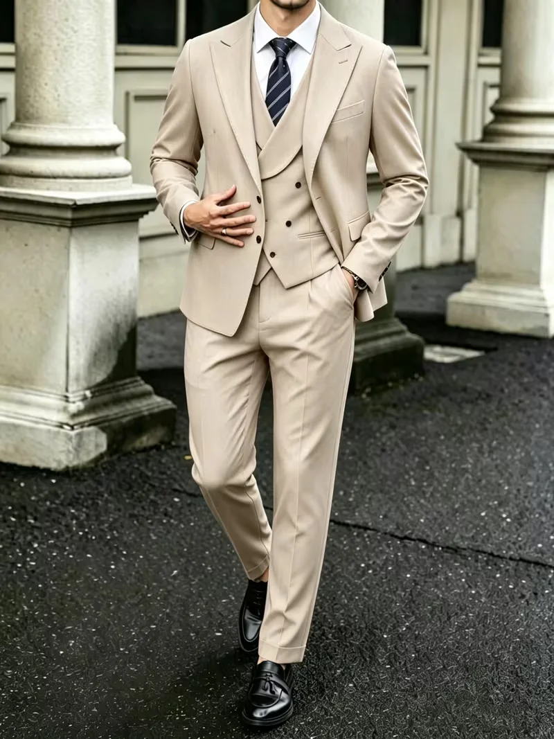 

Men's 3 Piece Suit Light Beige Slim Fit Peak Lapel Blazer Double Breasted Vest Pants Formal Business Wedding Groom Tuxedo
