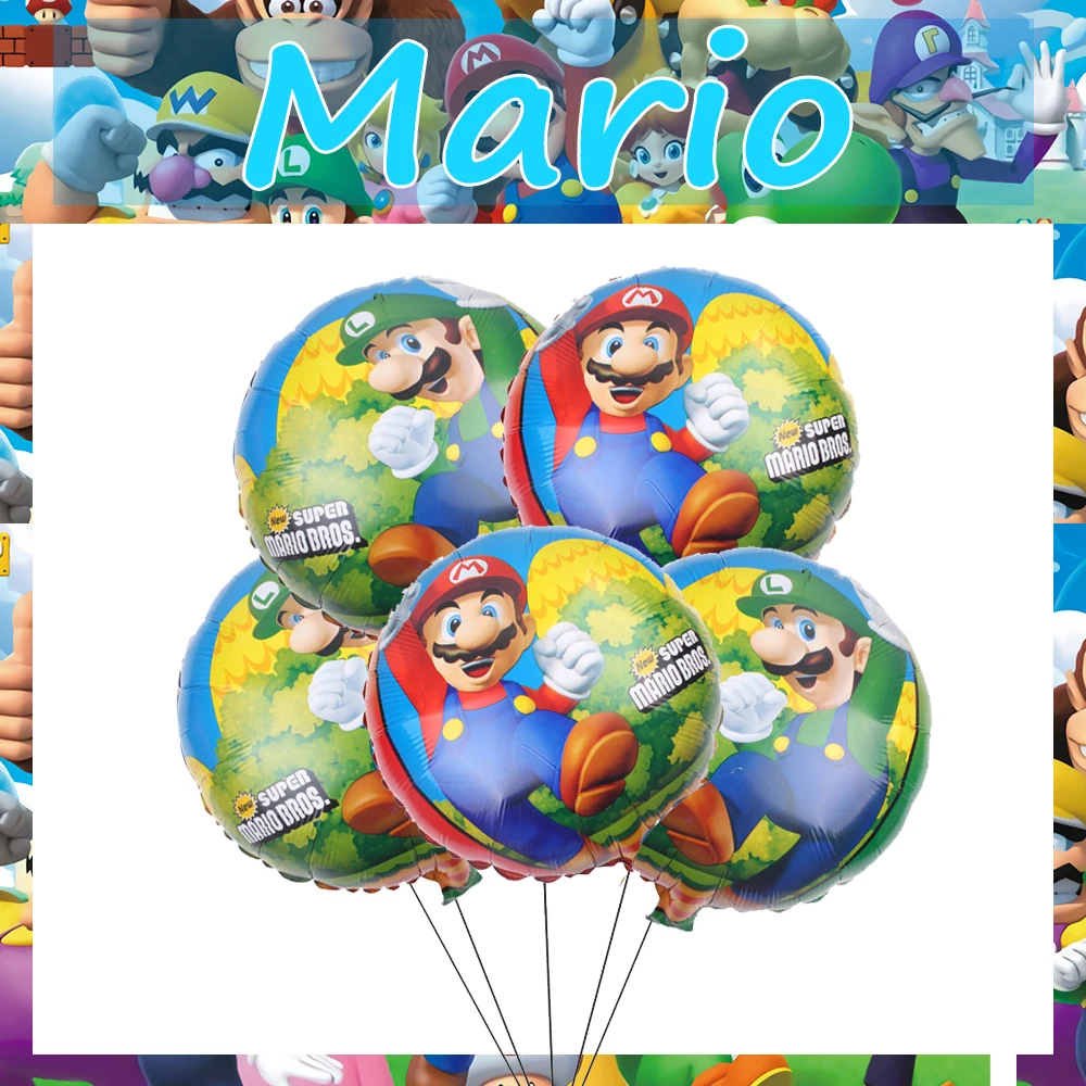 Marioed Luigi 5Pcs Round Foil Ballon Sets Party Supplies Boys Girls Favors DIY Aluminium Film Party Decoration Family Event Gift