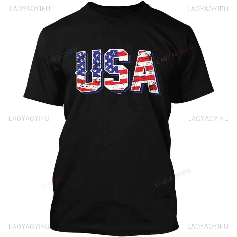 

USA - Retro American Flag Stars Stripes Printed Tee Fashion Casual Streetwear Hip-hop Hipster Loose O-neck Hot Sale Tops Tshirt