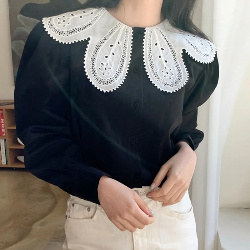 

Шикарный винтажный воротник-стойка с крючком Embellied на одной пуговице, свободный топ Bubble Sve irt, корейский длинный све, обычная длина