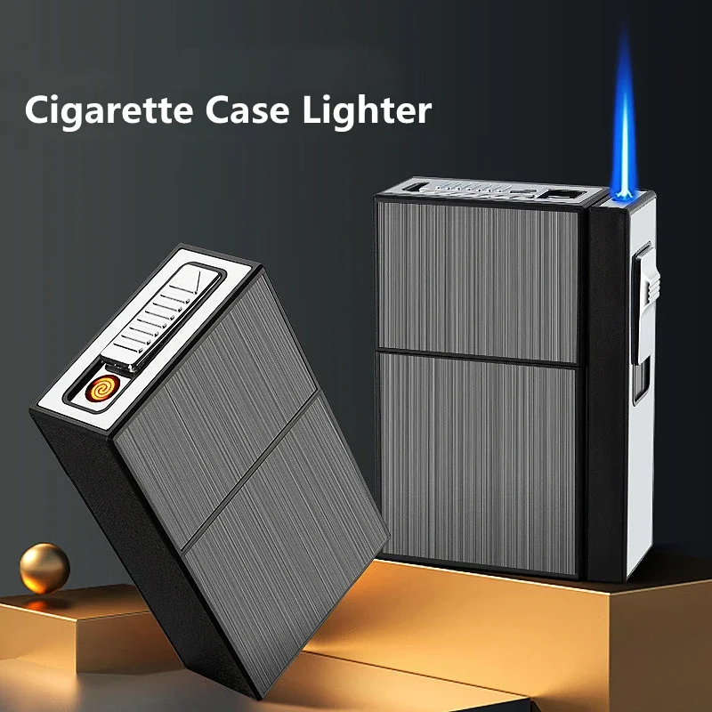 Can Hold 20 New Metal Cigarette Case Flashlight USB Lighter Windproof Jet Rechargeable Gas Lighter Men's Gadget