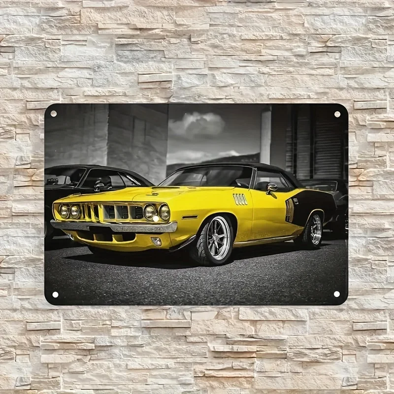 Vintage Muscle Car Blechschild als Wandkunst – klassisches gelb-schwarzes Metallschild, langlebige Heimdekoration für Wohnzimmer, Schlafzimmer, G