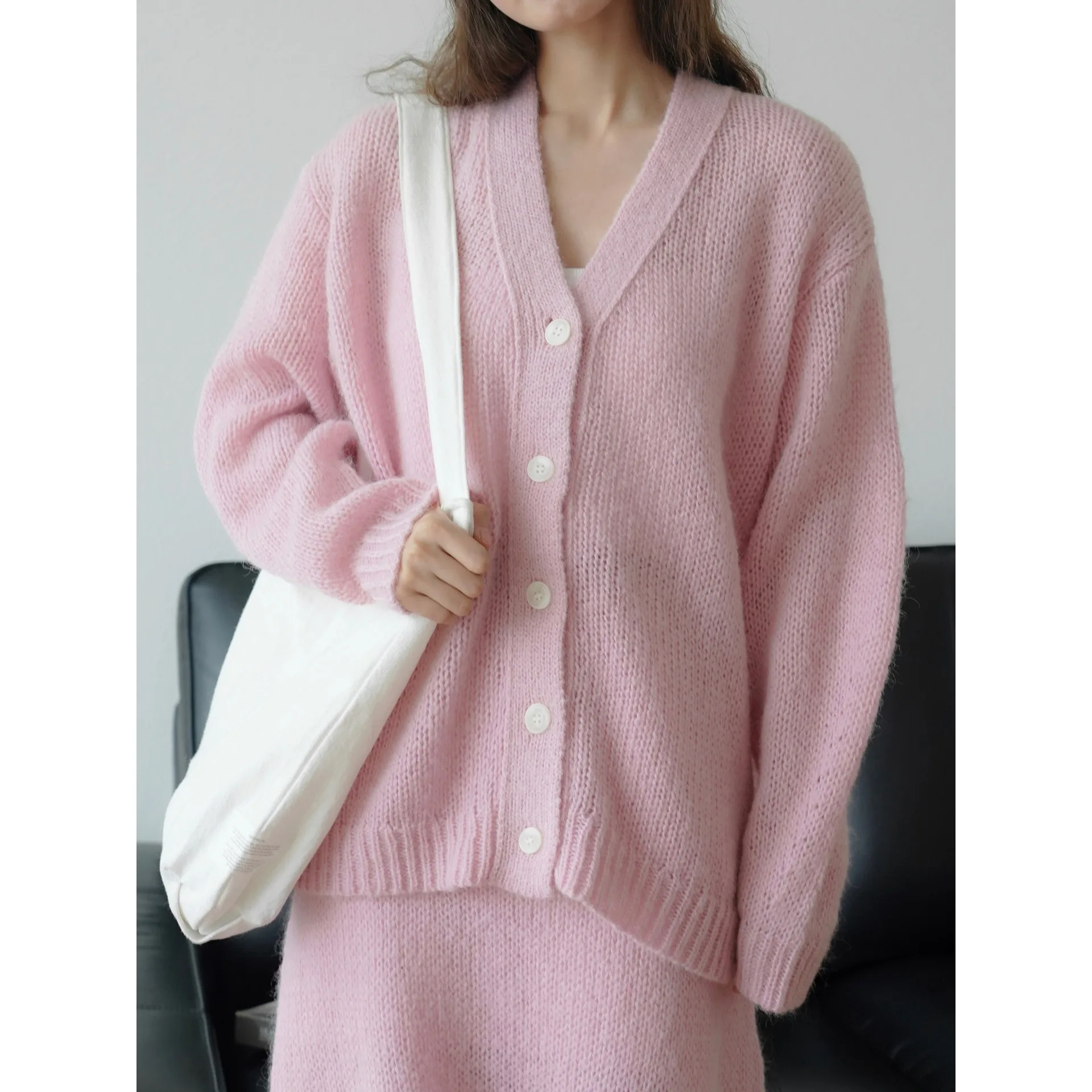 Women Two Pieces Suits Mohair Wool Blending V-Neck Knitted Cardigans With Long Skirt Autumn Clothes  Tracksuits Ladies Outfits