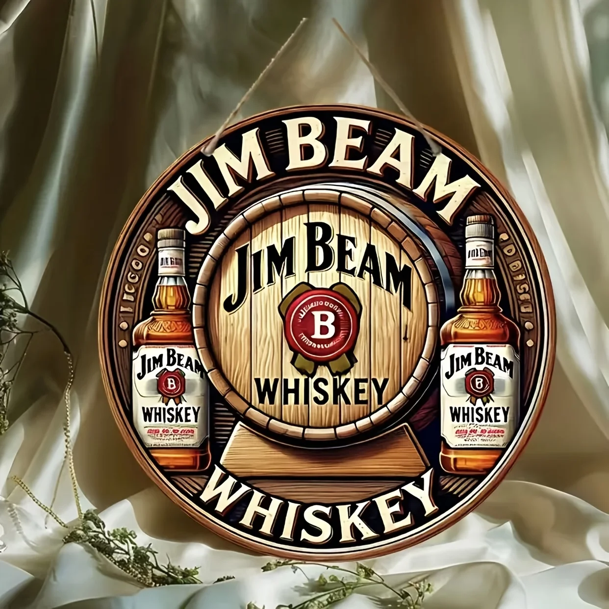 Jim's Beam Whiskey Wall Art in legno - Decorazione classica per botte e bottiglie per bar, cucine e sala da pranzo, facile da appendere