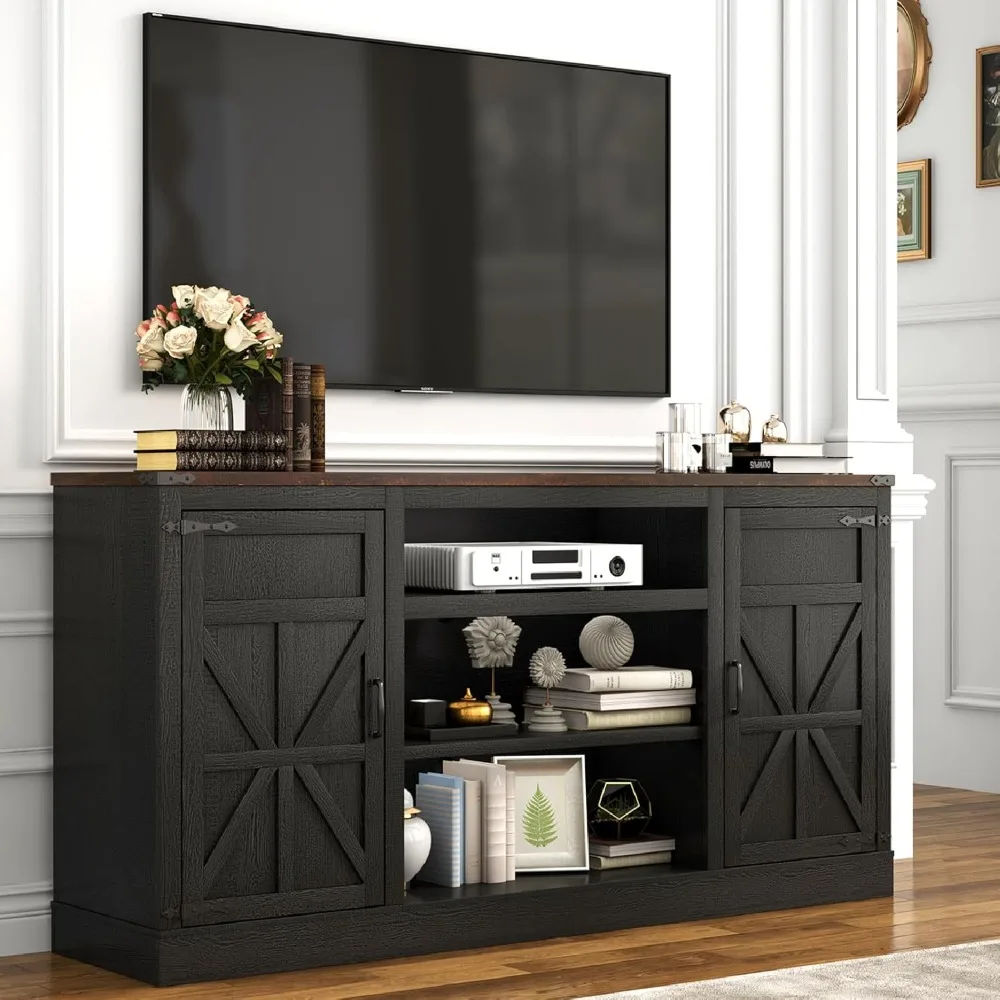 

66" Farmhouse TV Stand with Power Outlets for 75 Inch TVs, 33" Tall Entertainment Center with Storage Cabinets, Adjustable Shelv