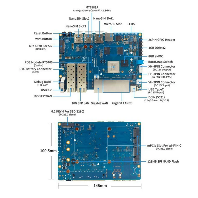 For Banana Pi BPI-R4 Mediatek MT7988A Quad-Core Arm Cortex-A73 4GB DDR4 8GB EMMC Smart Router Board