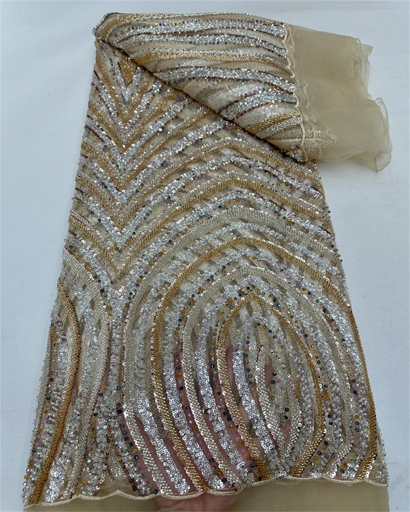 

Luxury Embroidery Lace Fabric with Sequins And Beads for Party Dress Net Lace Wedding Dress Hot Selling Elegant Fabric