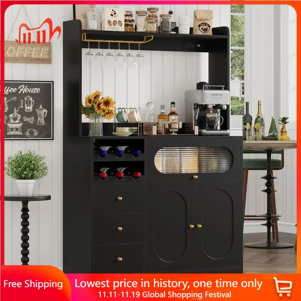 Coffee Bar Cabinet with Power Outlets, Microwave Stand, Wine Racks, Kitchen Cupboard, Kitchen Pantry Storage Cabinet with Hutch