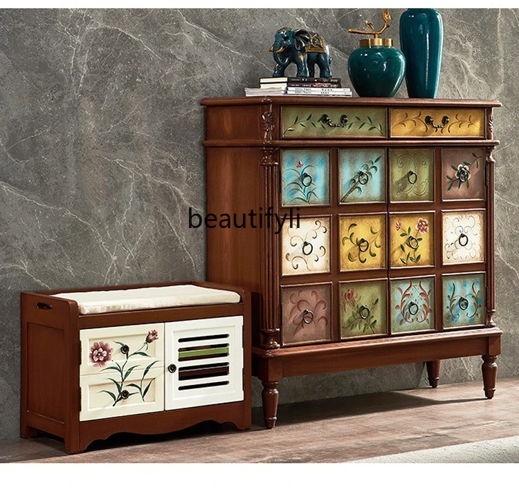 American shoe cabinet shoe changing stool combination retro painted furniture large capacity shoe rack adjustable baffle