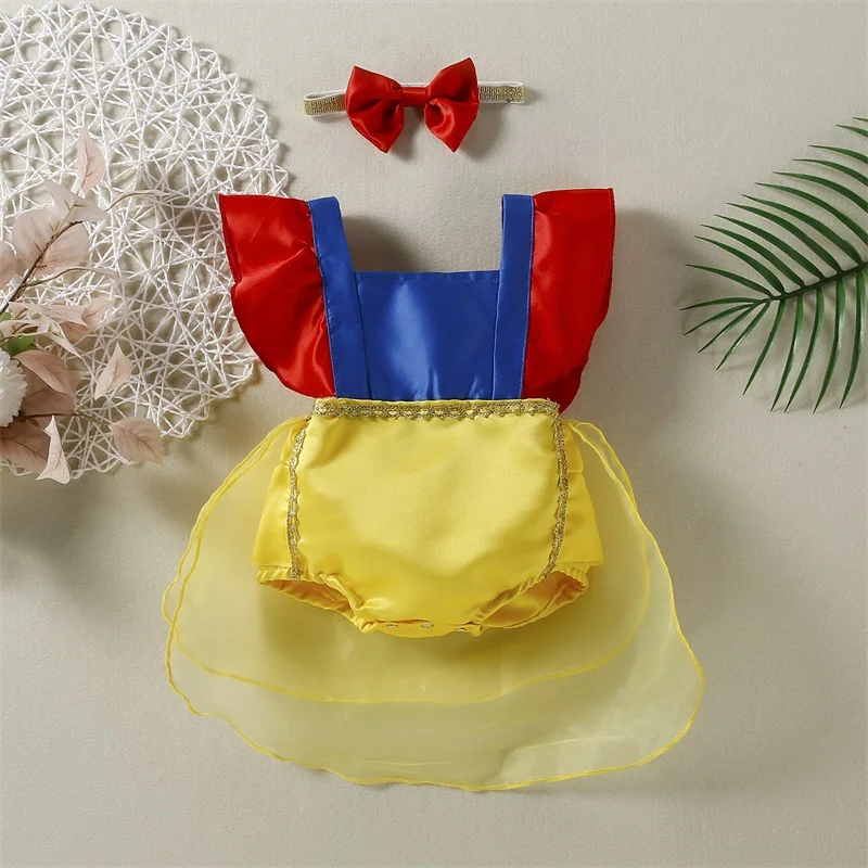 

Baby Girl Princess Romper Clothes Tulle Ruffle Jumpsuit with Bow Headband Birthday Party Costumes