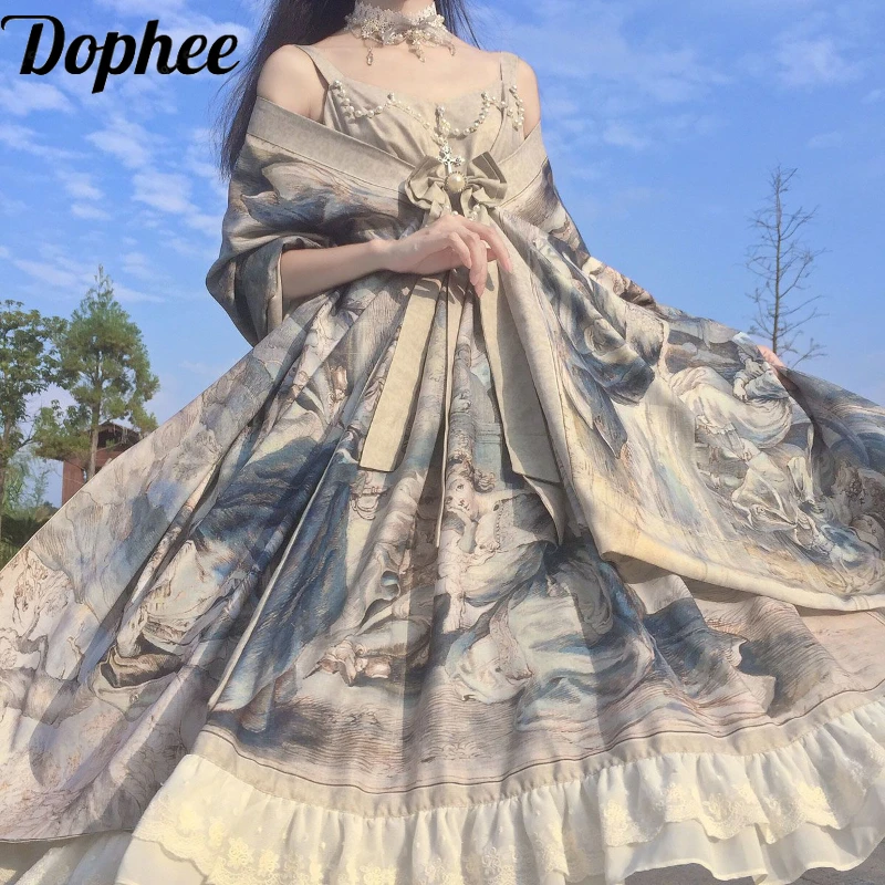 

Dophee Original Palace Wind Oil Painting Lolita Long Dress Women Jsk Suspenders Dresses Beading Cross Knee-length Princess Dress