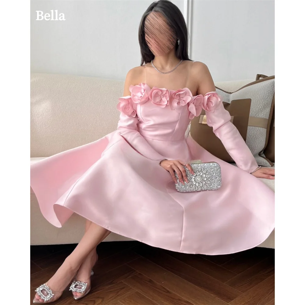 

Bella Baby Pink Satin Prom Dresses Off the Shoulder 3D Flowers Neckline Wedding Dress Elegant Sleeveless Vestidos De Fiesta 2024