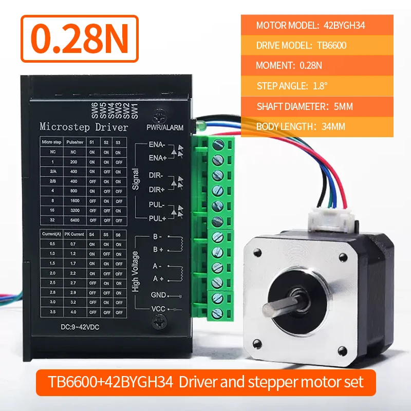 42 Stepper motor set 42BYGH34 torque 0.28N.M length 34MM+TB6600 driver 4.0A for 3D printers