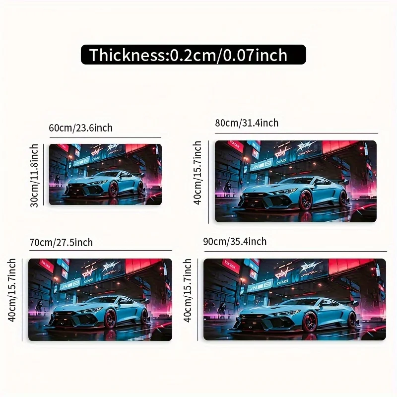 Tapis de souris de jeu extra large avec design de voiture de sport bleu de style de rue, tapis de bureau rectangulaire à base en caoutchouc, bord de précision, lavable