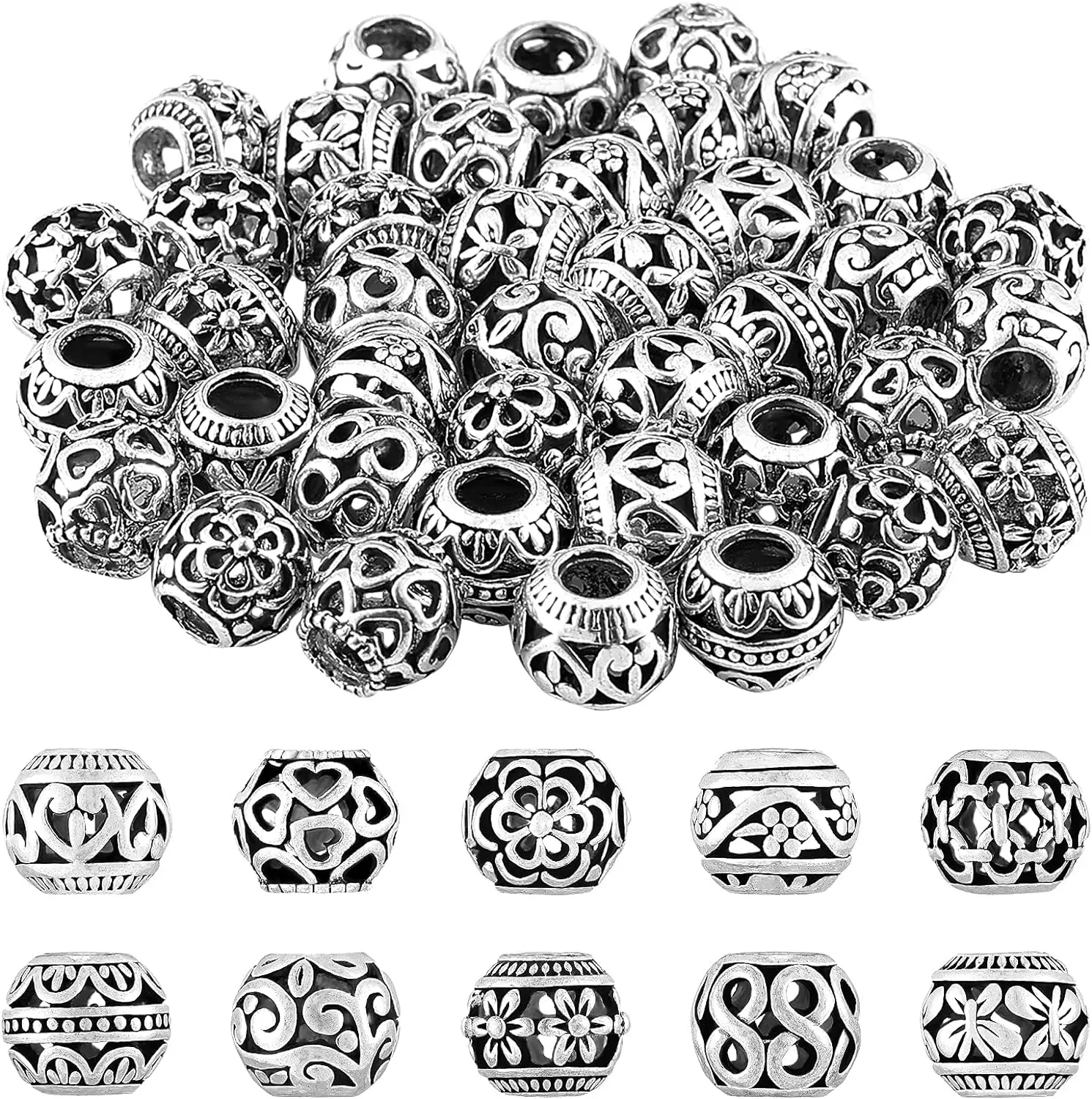 50pcs 5-12mm Mix Tibetan Silver Tube Cube Flat Flower Small Big Metal Spacer Beads For Jewelry Making Diy Bracelet Accessories