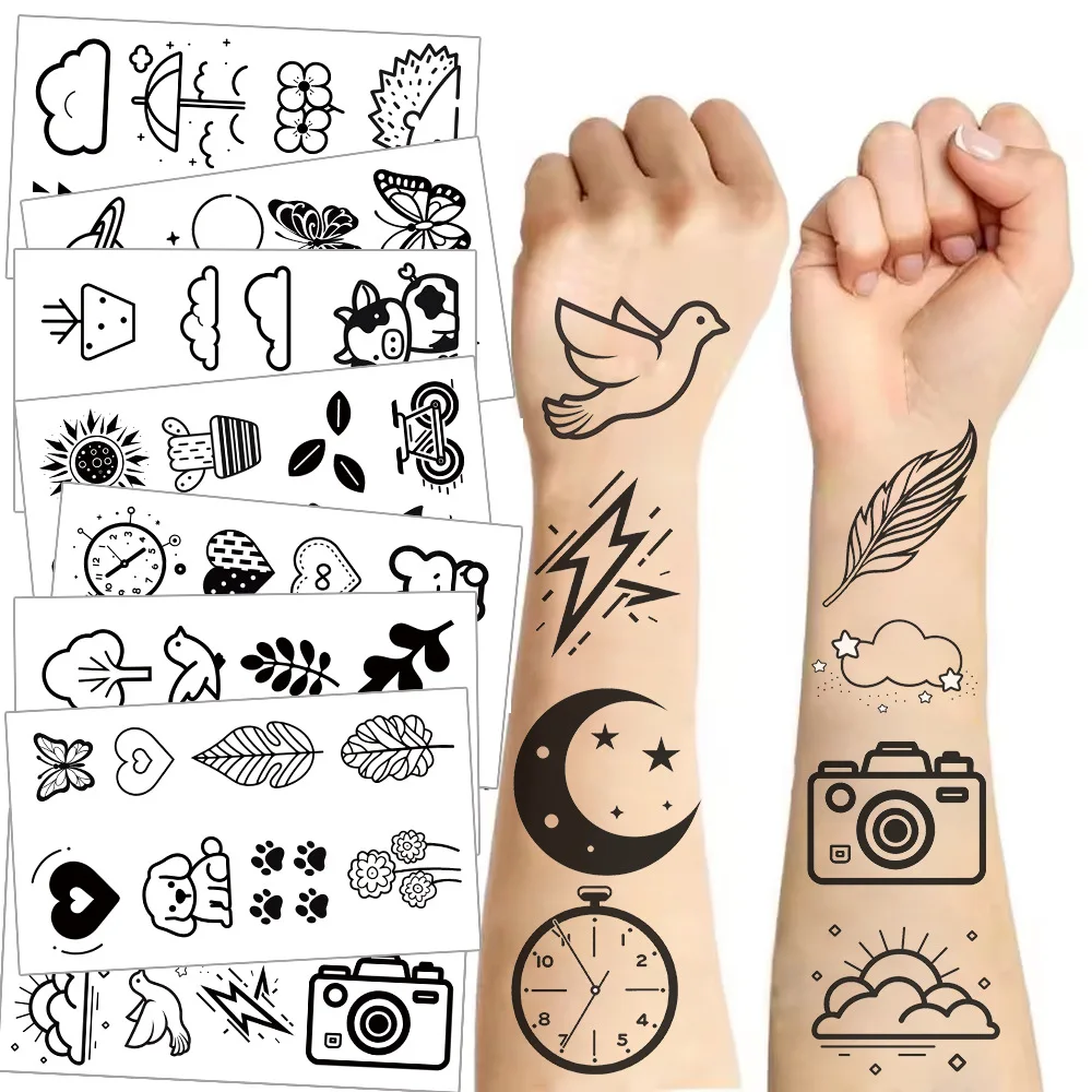 Pegatinas de tatuaje frescas en blanco y negro, tatuaje falso temporal, brazo, manos, cuerpo, tatuaje de agua, regalo, 10 hojas