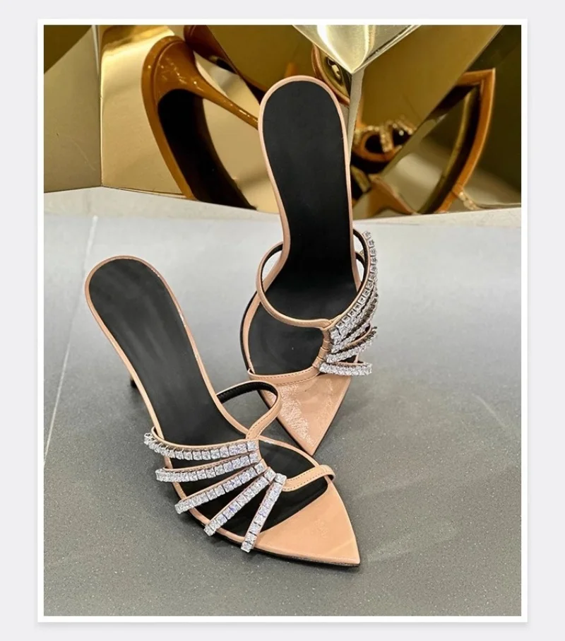 

2025 Summer New French Pointy Toe Slipper With Slippers Rhinestones With Fine Belt Decoration Sexy Black Women's High Heels