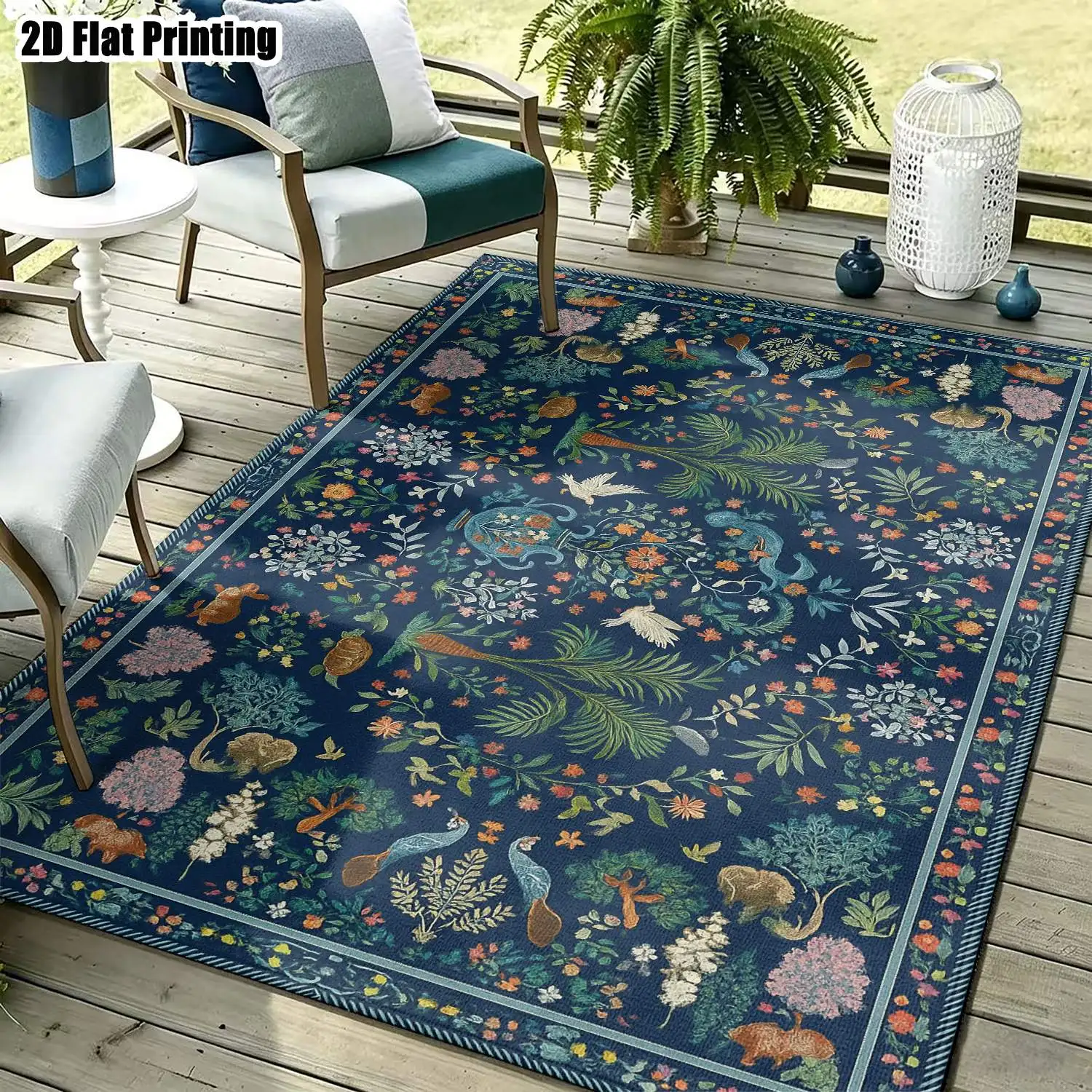 1Pc 2D Printed Carpet: Deep Blue Floral & Bird-Plant Pattern, European/Bohemian/Vintage Style, Multi-Size, Machine Washable, Home Decor for Entrance, Dining, Foyer, Bedroom, Living Room