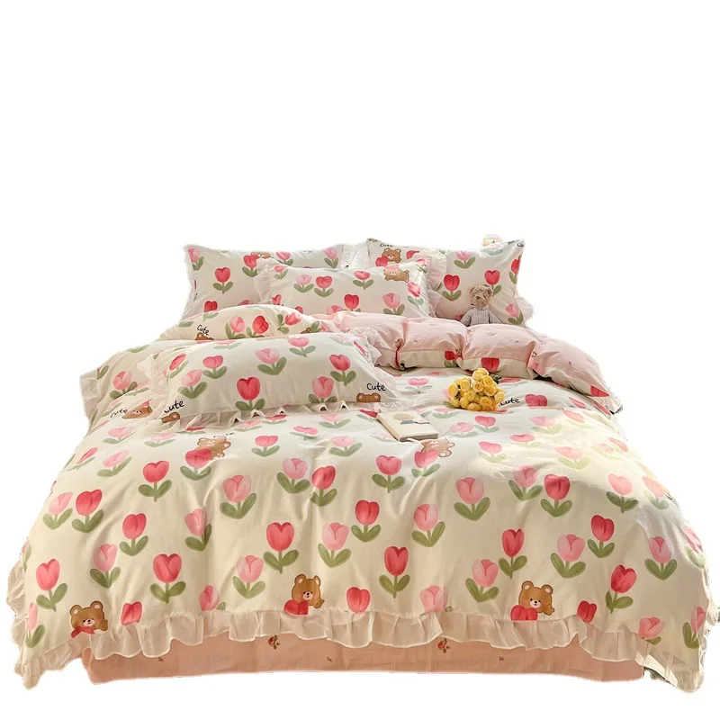 

Small Fresh Cotton Printing Four Piece Set with Chiffon Lace Pure Cotton Quilt Cover, Bed Sheet, and Fitted Sheet