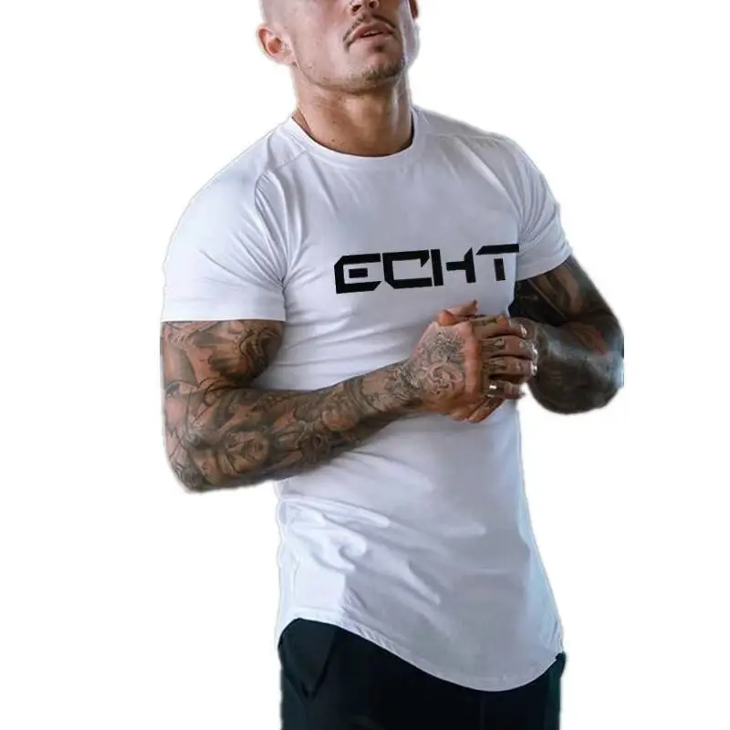 Men Tshirt Summer Curved Hem T-shirt Bodybuilding Big Letter Printed Men Fitness Workout Casual Shot Sleeve Shirt