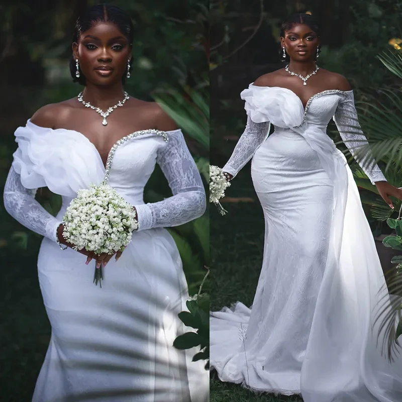 Mermaid Wedding Dress Off The Shoulder Lace Long Sleeve With Ruffle Deep V Neck Africa Bridal Dress Vestido De Novia Customized