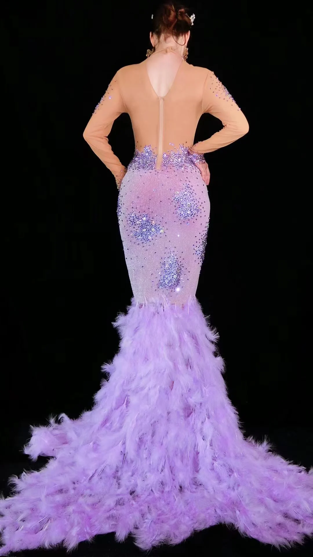Paarse Strass Lange Jurk Veren Zoom Zanger Toneelkostuum Verjaardag Vieren Avondjurken Festival Kleding yj039