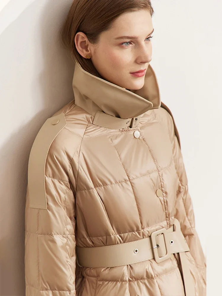 AMII Minimalistische neue Entendaunenjacke für Damen 2023, langer Parka mit Gürtel, Stehkragen, hochwertige Mode-Winter-Oberbekleidung 12344165